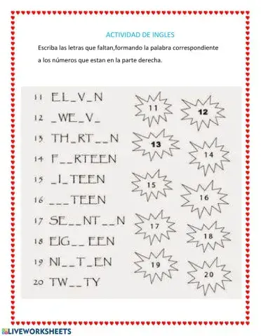 Los numeros del 11 al 20