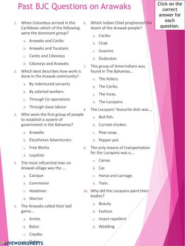 Arawak Multiple Choice Worksheet 1