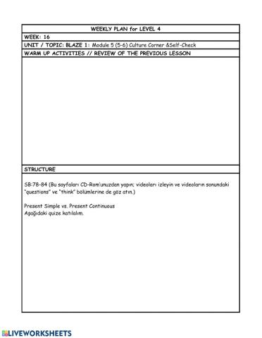 Level 4 Week 16 weekly plan