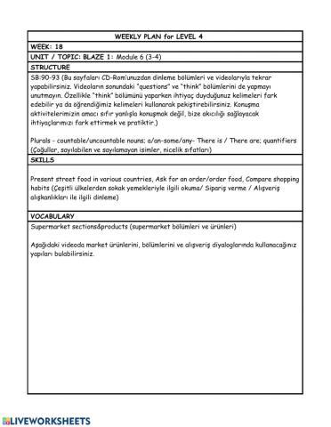 Level 4 Week 18 weekly plan