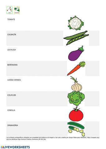 Asociación palabra imagen en verduras