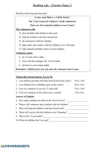 Reading Ads -Practice Paper 3