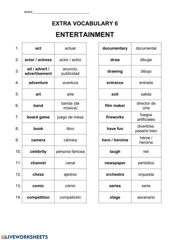 Extra vocabulary 6 - Entertainment