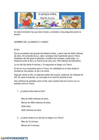 COMPRENSIÓN LECTORA: EL SOL