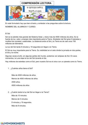 Comprensión lectora: el sol