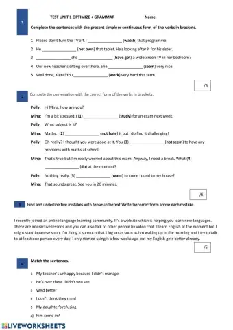 Test unit 1 Grammar and Vocabulary Optimise B1+
