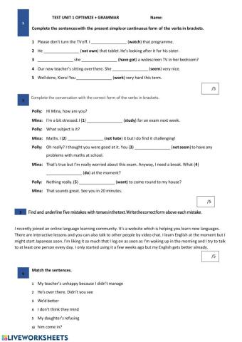 Test unit 1 Grammar and Vocabulary Optimise B1+