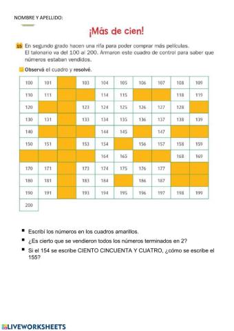 Cuadro de números para completar del 100 al 200