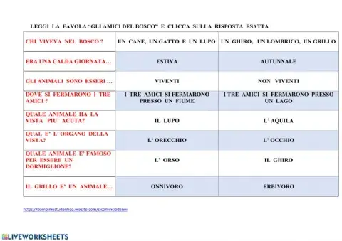 Questionario :Gli animali del bosco (fiaba)