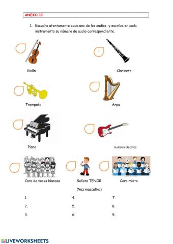 Dictado de agrupaciones vocales e instrumentos