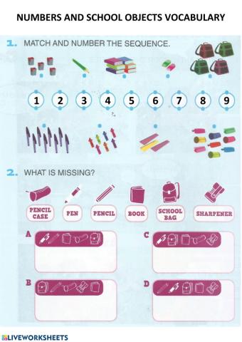 Numbers and school objects vocabulary