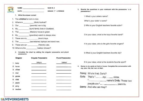 Possessive-s and s- Possessive adjetives and pronouns Excersice