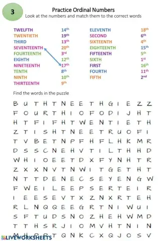 Ordinal numbers word search