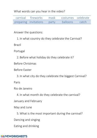 Carnival video worksheet