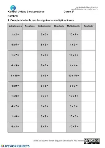 Control matemáticas U.9 2º Primaria