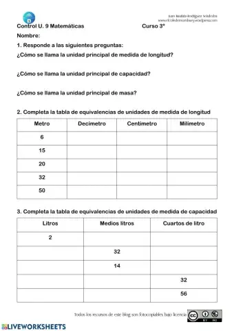 Control de Matemáticas U.9 3º