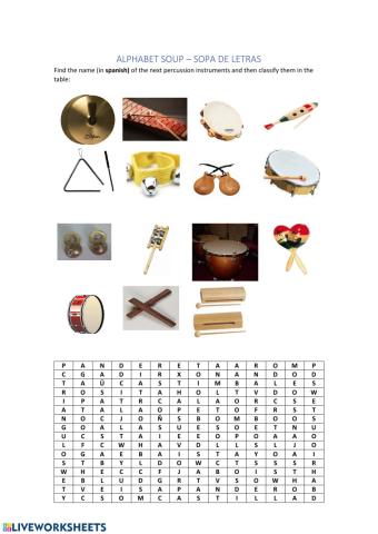Sopa de letras - instrumentos de percusión