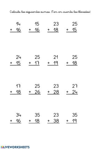 Ficha de suma con llevadas
