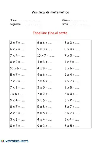 Prova scritta tabelline