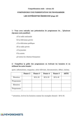 Compréhension orale A2 - programme télé