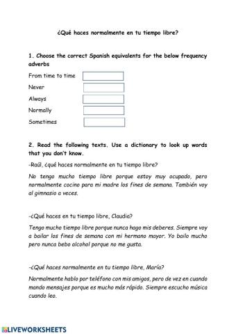 What do you normally do in your spare time? -Spanish Reading Comprehension