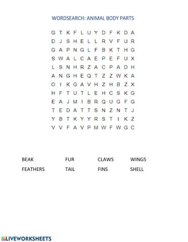 Wordsearch Animal body parts