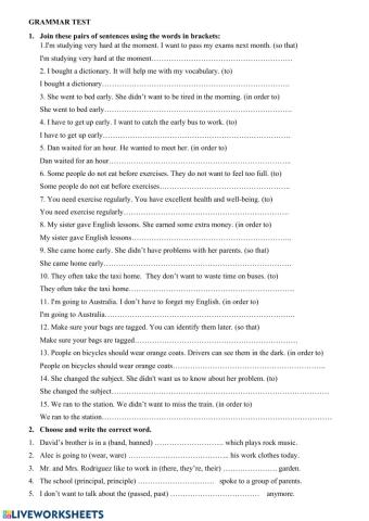 Test Clauses of purpose, homonyms, vocabulary