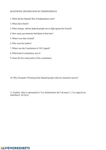 Spanish war of independence- questionary