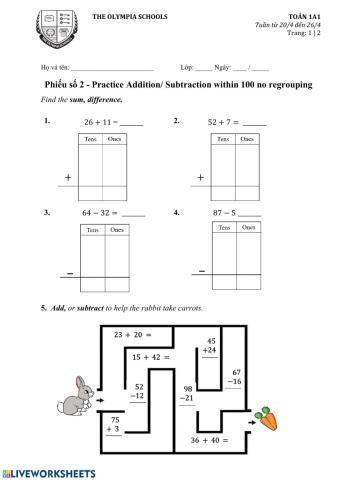 Practice Additon-Subtraction within 100 no regrouping