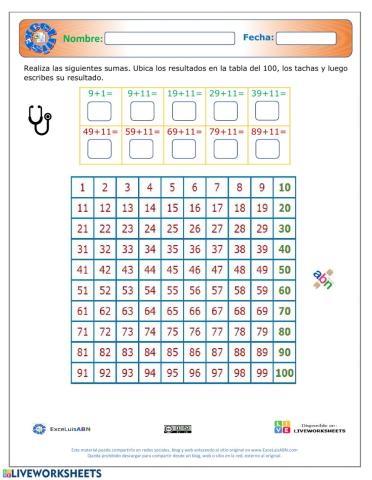 La tabla del 100 ABN suma decenas 03