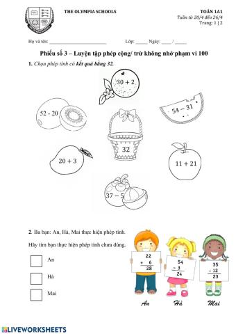 Luyện tập cộng- trừ không nhớ phạm vi 100