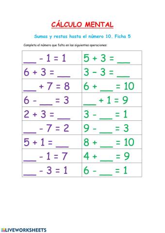 Cálculo mental: sumas y restas-Fichas 5 y 6