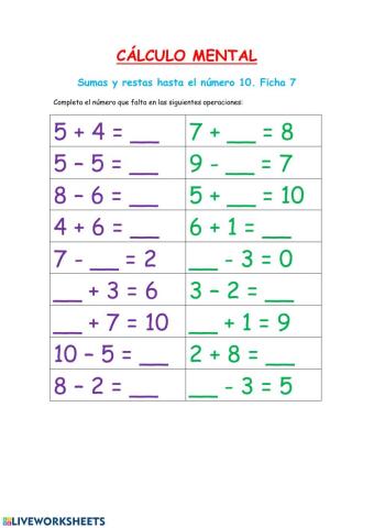 Cálculo mental: sumas y restas-Fichas 7 y 8