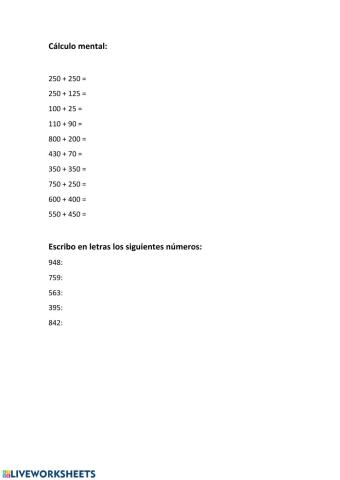 Números hasta el 1000 - Cálculo mental y escritura de números