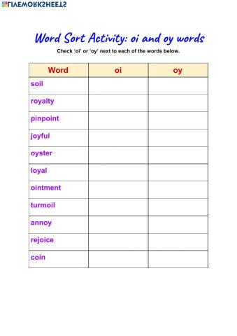Oi an oy word sort and definitions