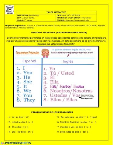 Personal pronouns & Verb to be