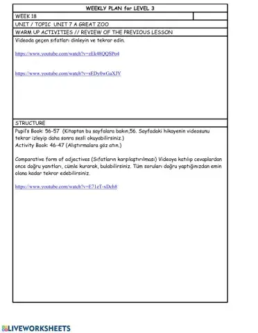 Level 3 Week 18 weekly plan