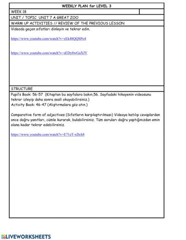 Level 3 Week 18 weekly plan