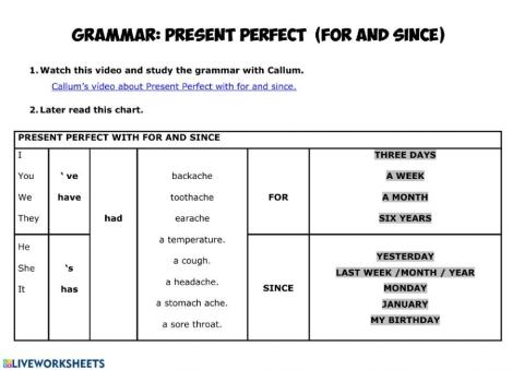 Present perfect with for and since