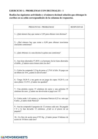 Ejercicios. Problemas con decimales - 1