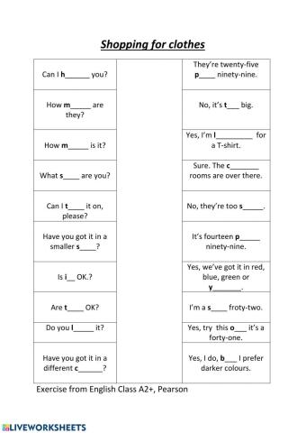 Shopping for clothes - fill in and match