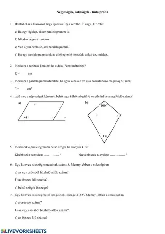 Négyszögek, sokszögek - tudáspróba