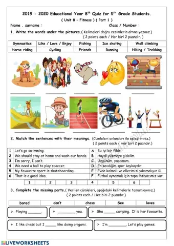 5th Grade - Unit 8 - Worksheet