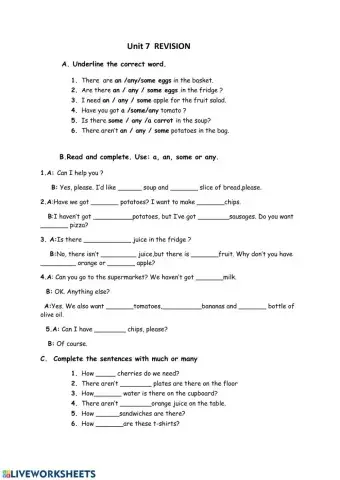 A-an some any how much how many