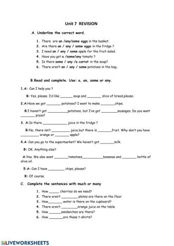 A-an some any how much how many