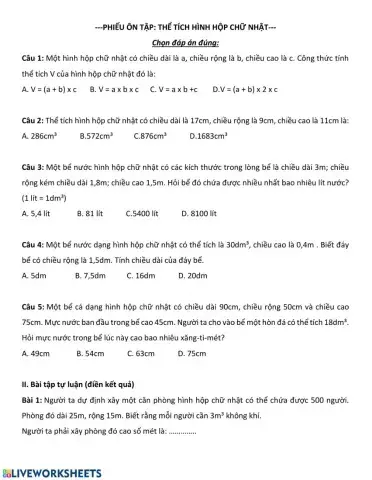 Thể tích hình hộp chữ nhật