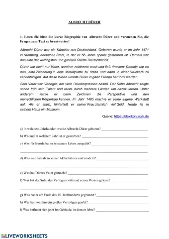 Albrecht Duerer - Arbeitsblatt