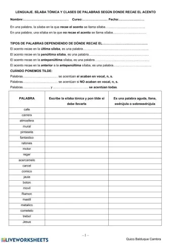 Clasificar palabras según el acento