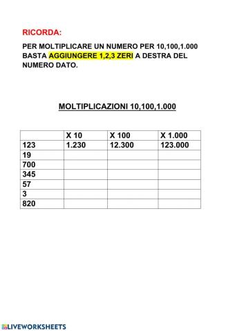 Moltiplicazione x10 100 1000