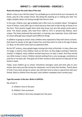 Impact 1 - Unit 8 Reading - Ex 1